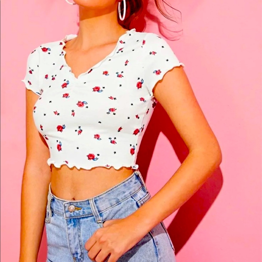 V-Neck Lettuce Trim Ditsy Floral Crop Top